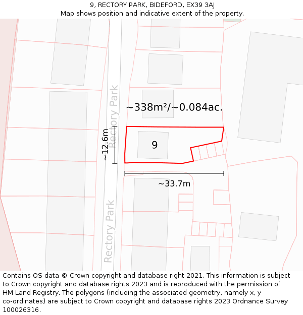9, RECTORY PARK, BIDEFORD, EX39 3AJ: Plot and title map