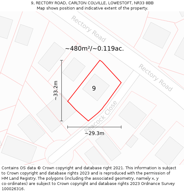 9, RECTORY ROAD, CARLTON COLVILLE, LOWESTOFT, NR33 8BB: Plot and title map