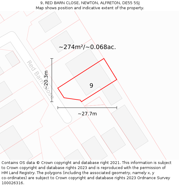 9, RED BARN CLOSE, NEWTON, ALFRETON, DE55 5SJ: Plot and title map