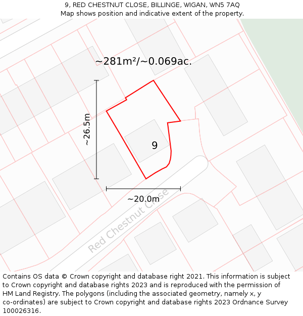 9, RED CHESTNUT CLOSE, BILLINGE, WIGAN, WN5 7AQ: Plot and title map