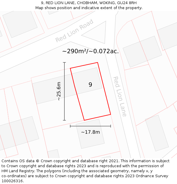 9, RED LION LANE, CHOBHAM, WOKING, GU24 8RH: Plot and title map