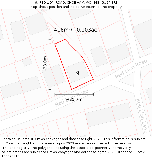 9, RED LION ROAD, CHOBHAM, WOKING, GU24 8RE: Plot and title map