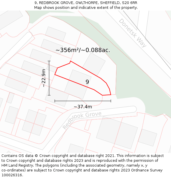 9, REDBROOK GROVE, OWLTHORPE, SHEFFIELD, S20 6RR: Plot and title map
