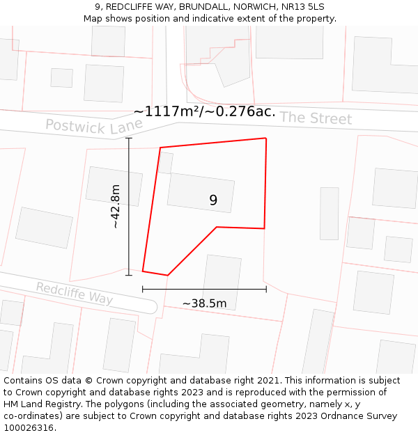 9, REDCLIFFE WAY, BRUNDALL, NORWICH, NR13 5LS: Plot and title map