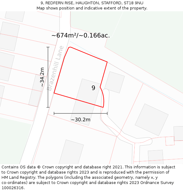 9, REDFERN RISE, HAUGHTON, STAFFORD, ST18 9NU: Plot and title map