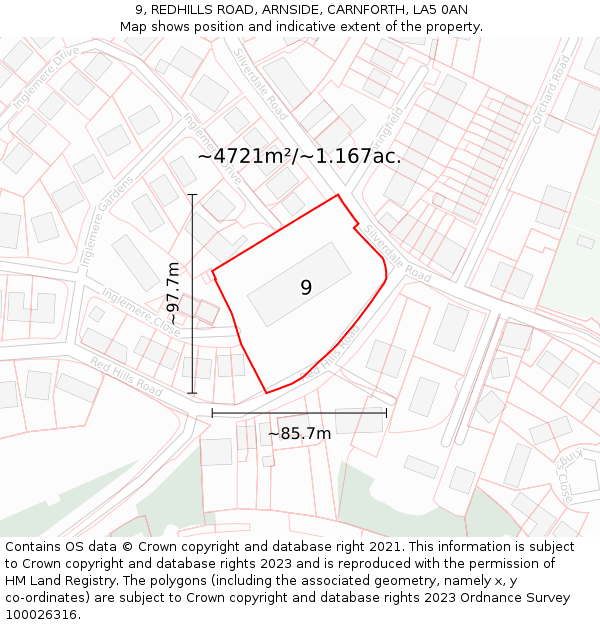 9, REDHILLS ROAD, ARNSIDE, CARNFORTH, LA5 0AN: Plot and title map