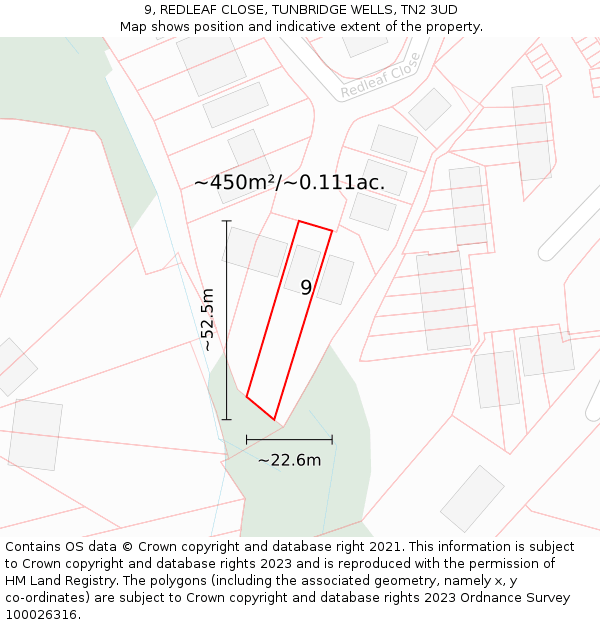 9, REDLEAF CLOSE, TUNBRIDGE WELLS, TN2 3UD: Plot and title map