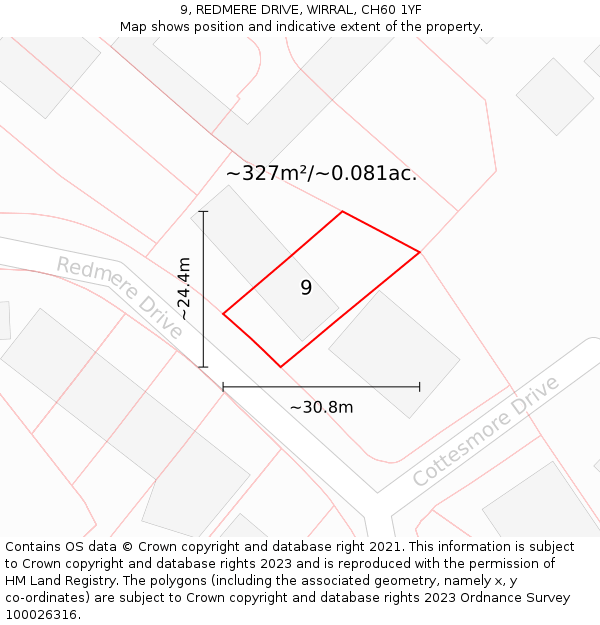 9, REDMERE DRIVE, WIRRAL, CH60 1YF: Plot and title map