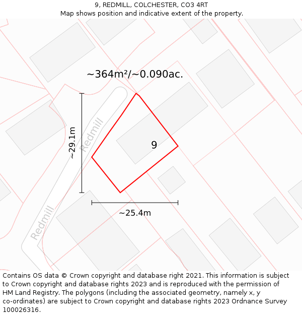 9, REDMILL, COLCHESTER, CO3 4RT: Plot and title map
