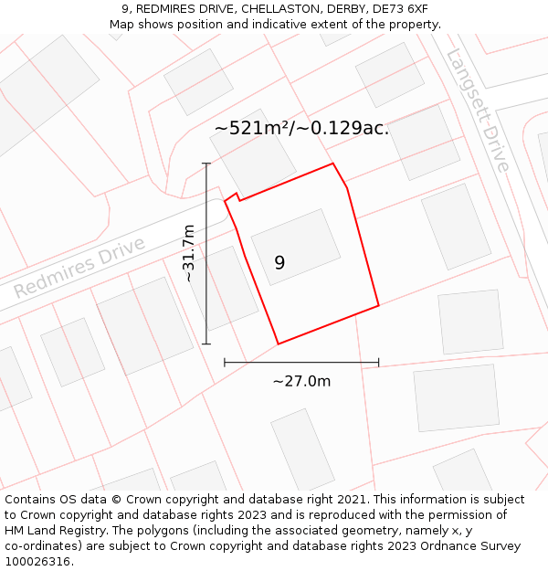 9, REDMIRES DRIVE, CHELLASTON, DERBY, DE73 6XF: Plot and title map