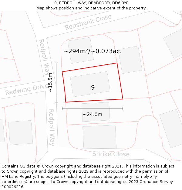 9, REDPOLL WAY, BRADFORD, BD6 3YF: Plot and title map