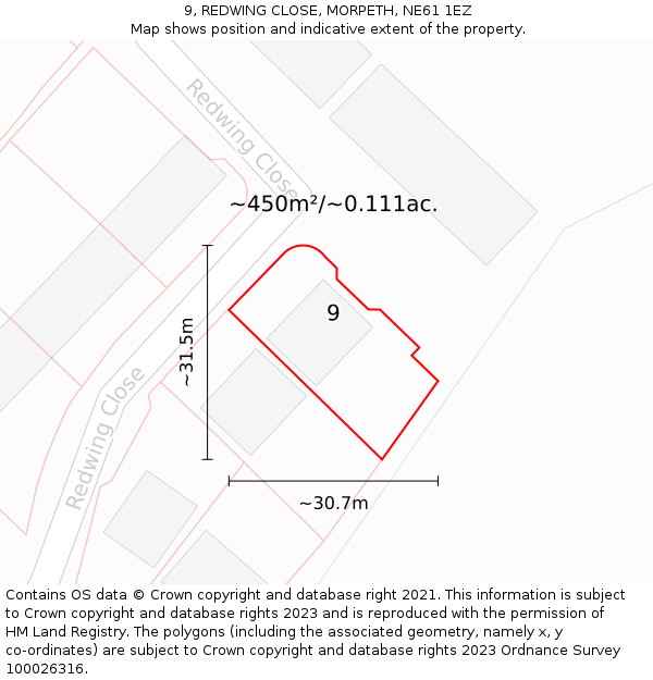 9, REDWING CLOSE, MORPETH, NE61 1EZ: Plot and title map