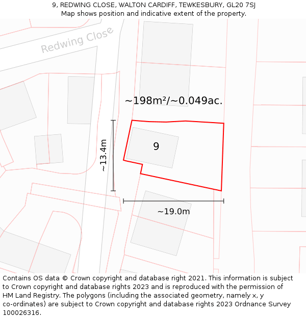 9, REDWING CLOSE, WALTON CARDIFF, TEWKESBURY, GL20 7SJ: Plot and title map
