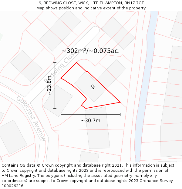 9, REDWING CLOSE, WICK, LITTLEHAMPTON, BN17 7GT: Plot and title map