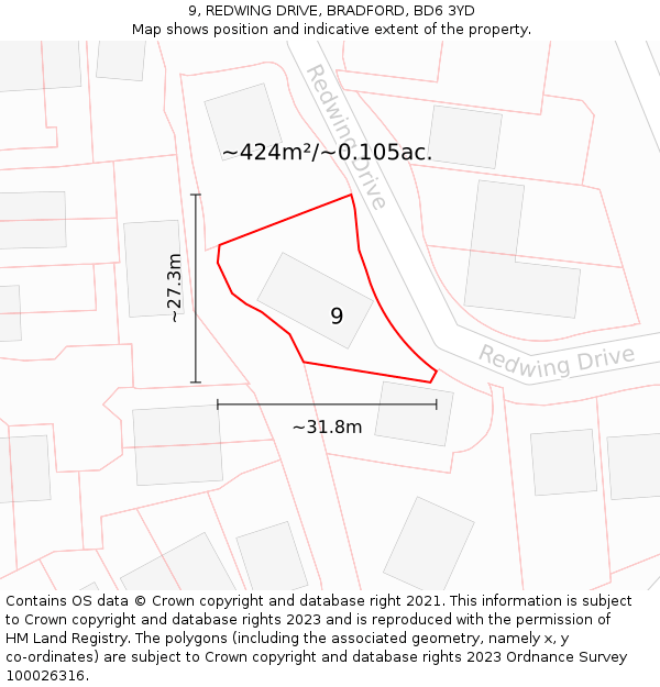 9, REDWING DRIVE, BRADFORD, BD6 3YD: Plot and title map