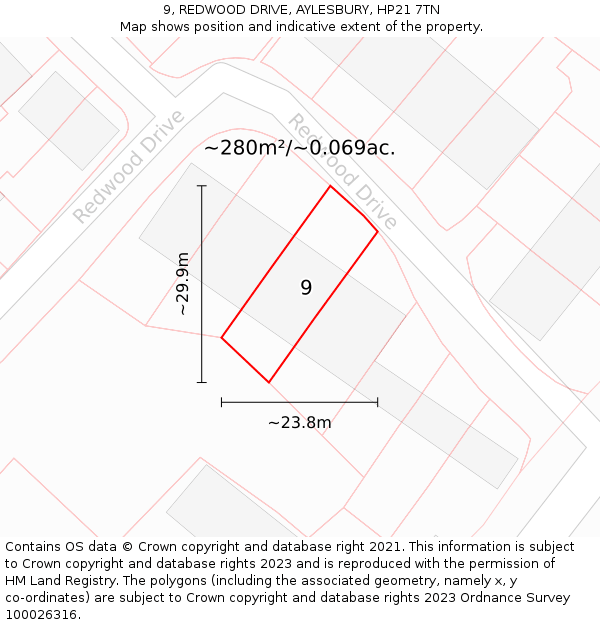 9, REDWOOD DRIVE, AYLESBURY, HP21 7TN: Plot and title map