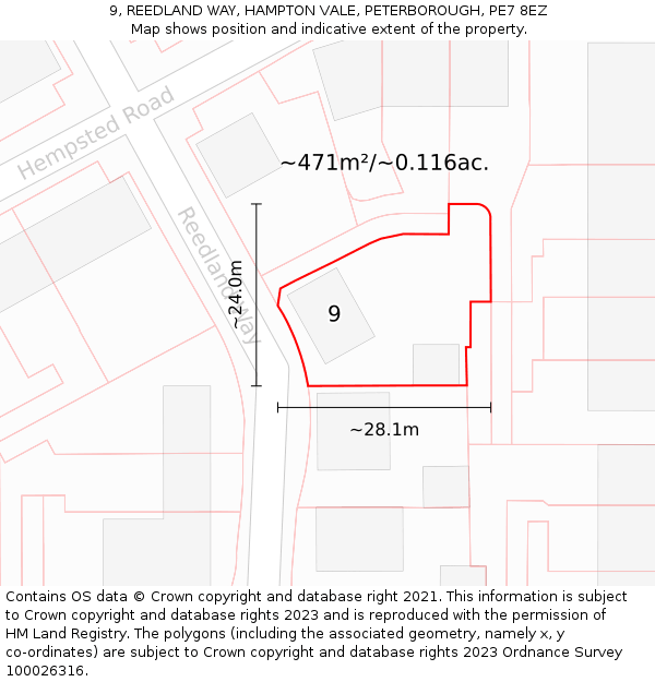 9, REEDLAND WAY, HAMPTON VALE, PETERBOROUGH, PE7 8EZ: Plot and title map