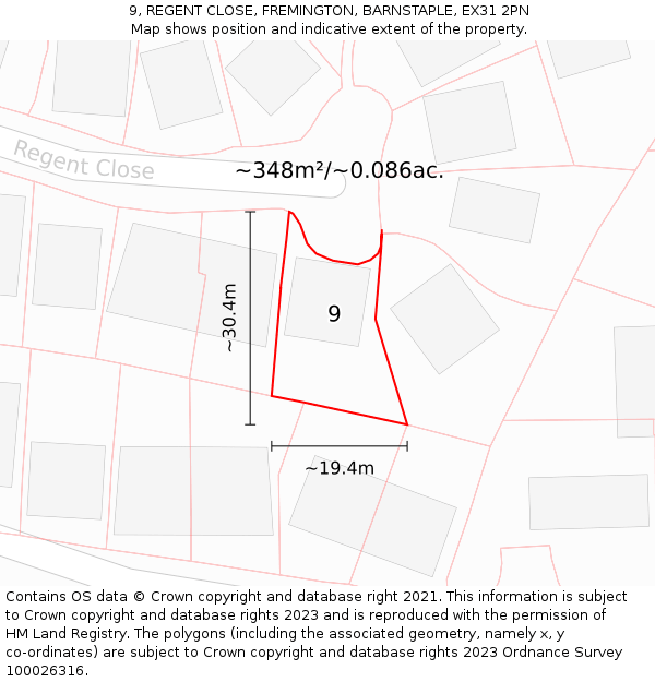 9, REGENT CLOSE, FREMINGTON, BARNSTAPLE, EX31 2PN: Plot and title map