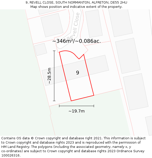 9, REVELL CLOSE, SOUTH NORMANTON, ALFRETON, DE55 2HU: Plot and title map