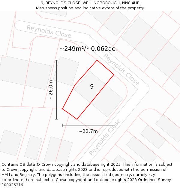 9, REYNOLDS CLOSE, WELLINGBOROUGH, NN8 4UR: Plot and title map