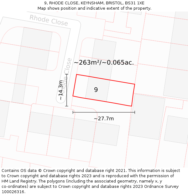 9, RHODE CLOSE, KEYNSHAM, BRISTOL, BS31 1XE: Plot and title map