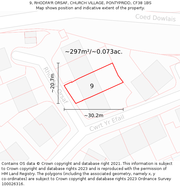 9, RHODFA'R ORSAF, CHURCH VILLAGE, PONTYPRIDD, CF38 1BS: Plot and title map