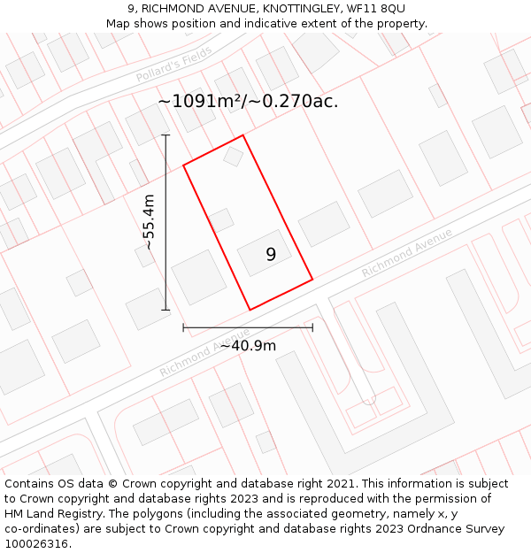 9, RICHMOND AVENUE, KNOTTINGLEY, WF11 8QU: Plot and title map