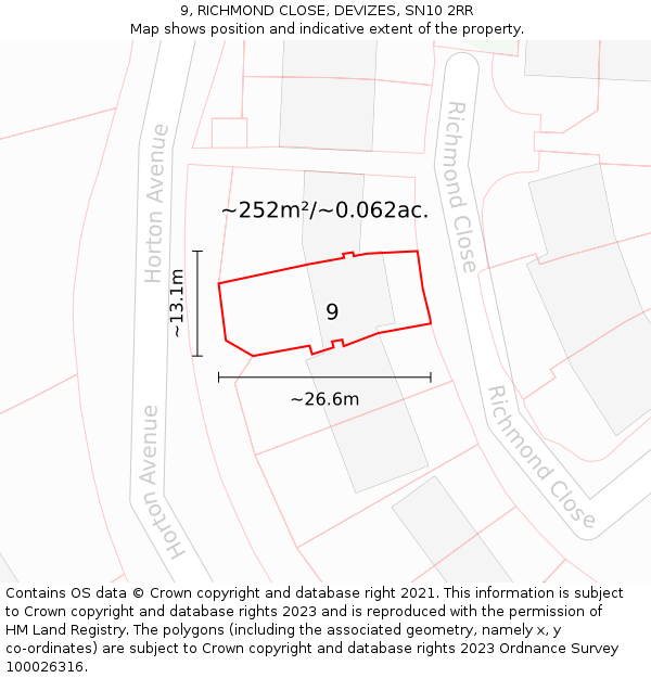 9, RICHMOND CLOSE, DEVIZES, SN10 2RR: Plot and title map