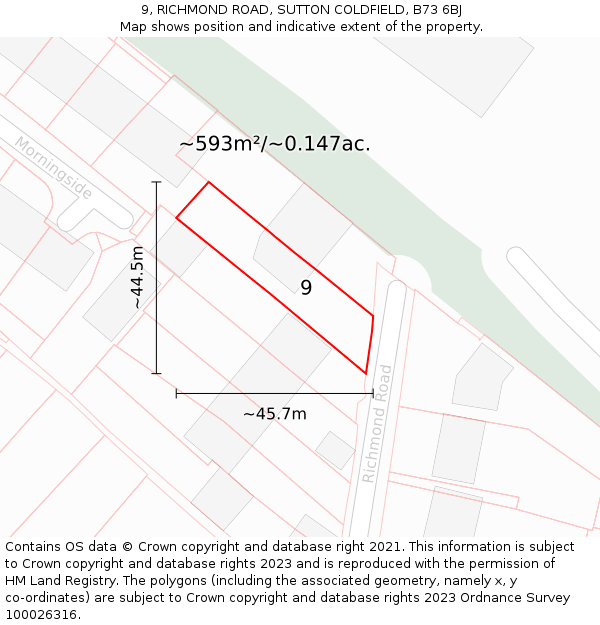 9, RICHMOND ROAD, SUTTON COLDFIELD, B73 6BJ: Plot and title map