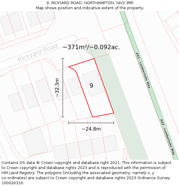 9, RICKYARD ROAD, NORTHAMPTON, NN3 3RR: Plot and title map