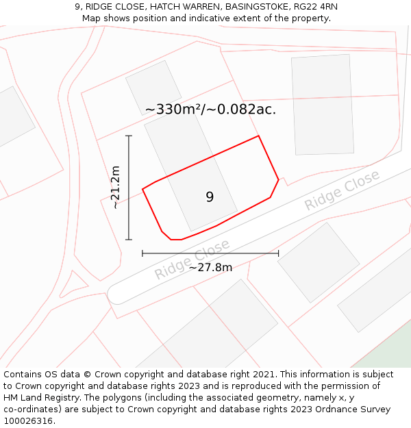 9, RIDGE CLOSE, HATCH WARREN, BASINGSTOKE, RG22 4RN: Plot and title map