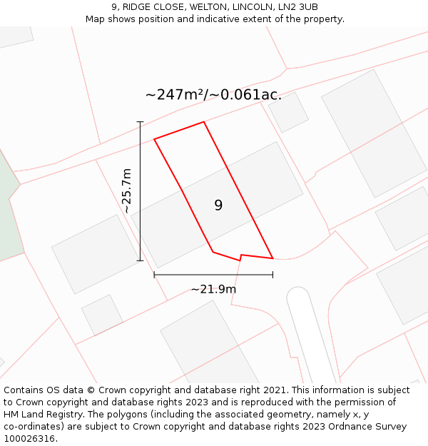 9, RIDGE CLOSE, WELTON, LINCOLN, LN2 3UB: Plot and title map