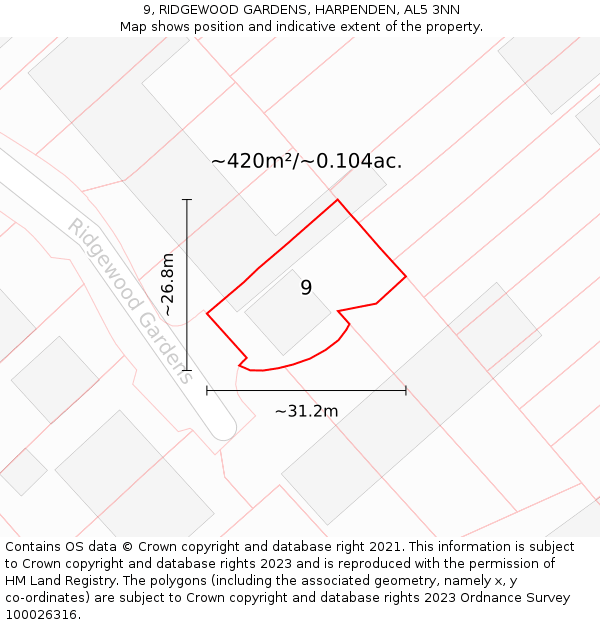 9, RIDGEWOOD GARDENS, HARPENDEN, AL5 3NN: Plot and title map