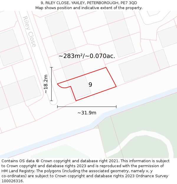 9, RILEY CLOSE, YAXLEY, PETERBOROUGH, PE7 3QD: Plot and title map