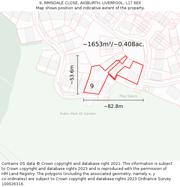 9, RIMSDALE CLOSE, AIGBURTH, LIVERPOOL, L17 6EX: Plot and title map