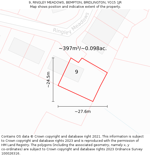 9, RINGLEY MEADOWS, BEMPTON, BRIDLINGTON, YO15 1JR: Plot and title map