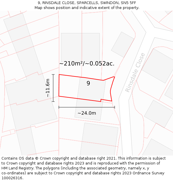 9, RINSDALE CLOSE, SPARCELLS, SWINDON, SN5 5FF: Plot and title map