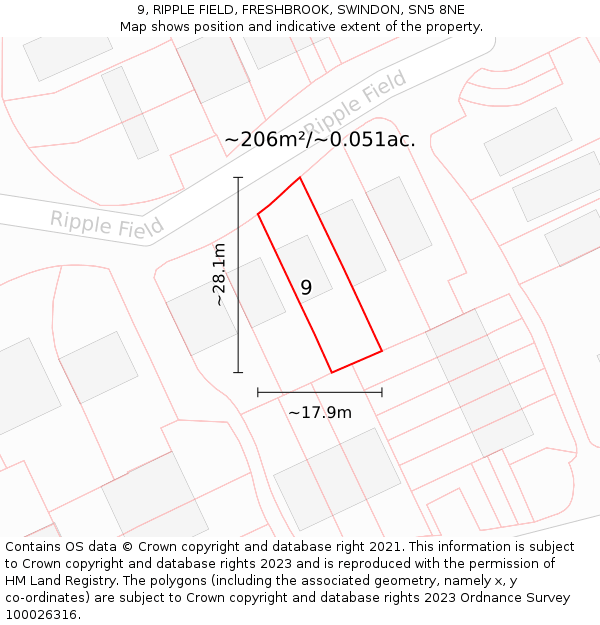 9, RIPPLE FIELD, FRESHBROOK, SWINDON, SN5 8NE: Plot and title map