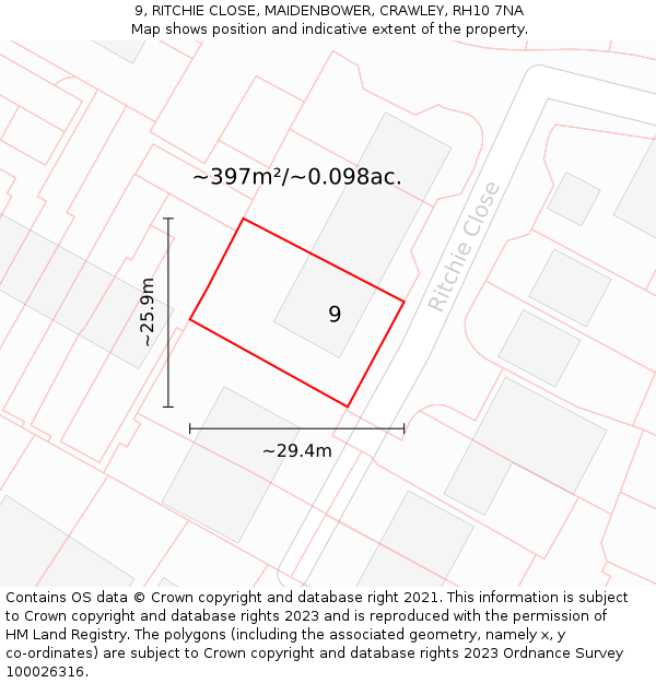 9, RITCHIE CLOSE, MAIDENBOWER, CRAWLEY, RH10 7NA: Plot and title map