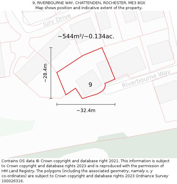 9, RIVERBOURNE WAY, CHATTENDEN, ROCHESTER, ME3 8GX: Plot and title map