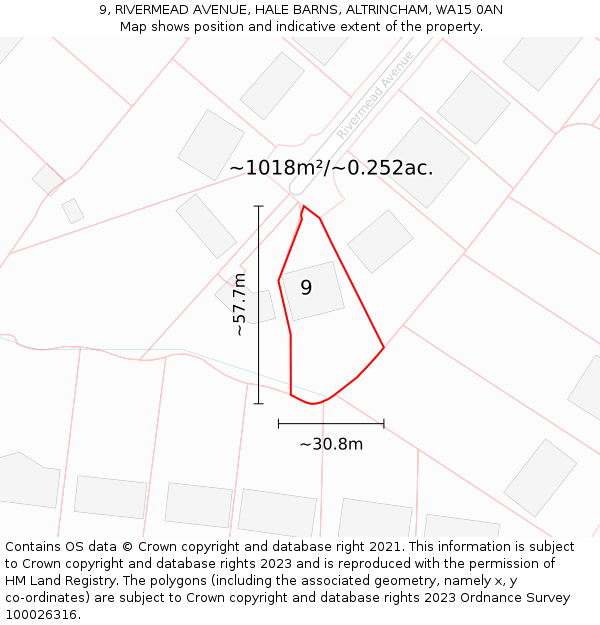 9, RIVERMEAD AVENUE, HALE BARNS, ALTRINCHAM, WA15 0AN: Plot and title map