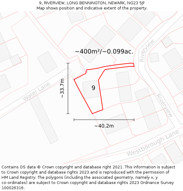 9, RIVERVIEW, LONG BENNINGTON, NEWARK, NG23 5JF: Plot and title map