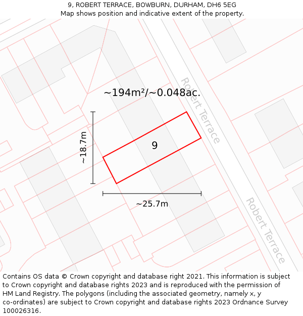 9, ROBERT TERRACE, BOWBURN, DURHAM, DH6 5EG: Plot and title map
