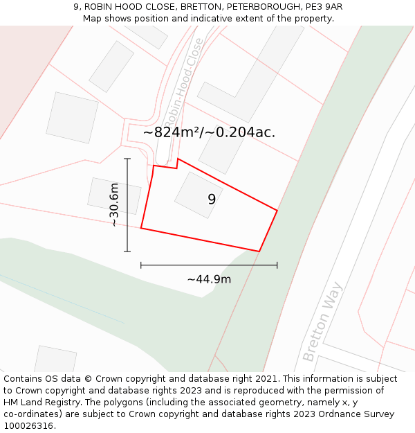 9, ROBIN HOOD CLOSE, BRETTON, PETERBOROUGH, PE3 9AR: Plot and title map