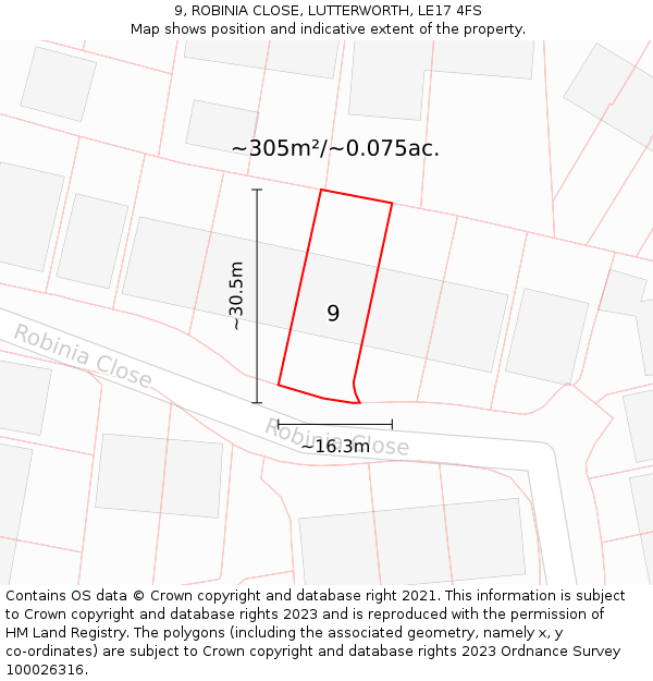 9, ROBINIA CLOSE, LUTTERWORTH, LE17 4FS: Plot and title map
