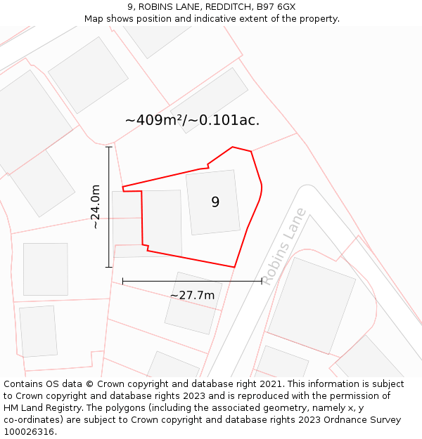 9, ROBINS LANE, REDDITCH, B97 6GX: Plot and title map