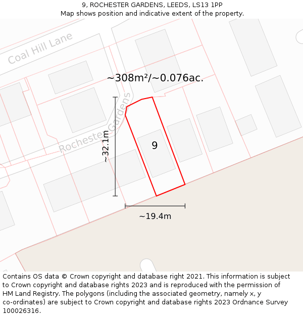 9, ROCHESTER GARDENS, LEEDS, LS13 1PP: Plot and title map