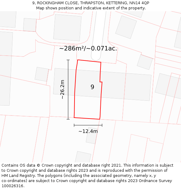 9, ROCKINGHAM CLOSE, THRAPSTON, KETTERING, NN14 4QP: Plot and title map