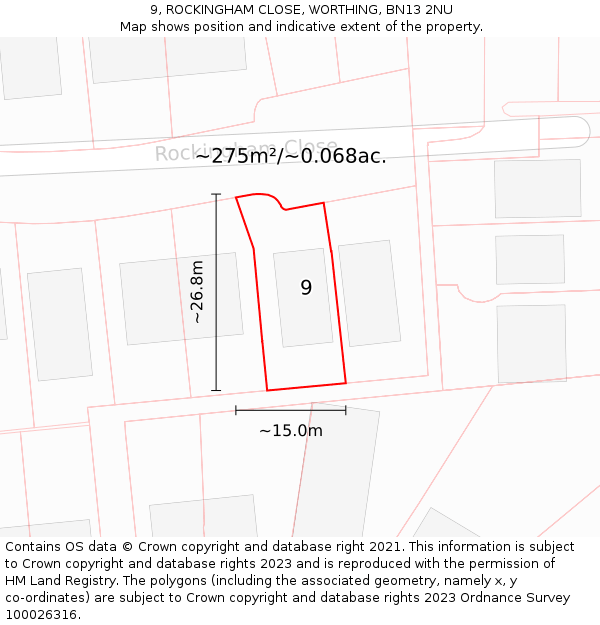 9, ROCKINGHAM CLOSE, WORTHING, BN13 2NU: Plot and title map