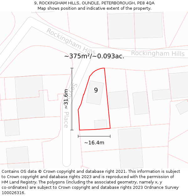9, ROCKINGHAM HILLS, OUNDLE, PETERBOROUGH, PE8 4QA: Plot and title map